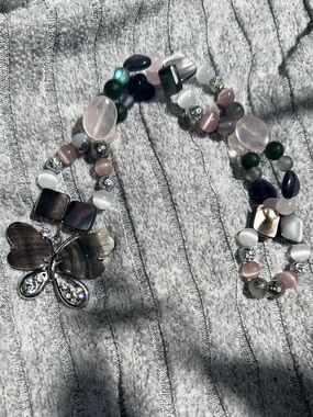 Mystical Mirrors HangCharm (Rose Quartz, Black Iridescent Shell, Canadian Jade)